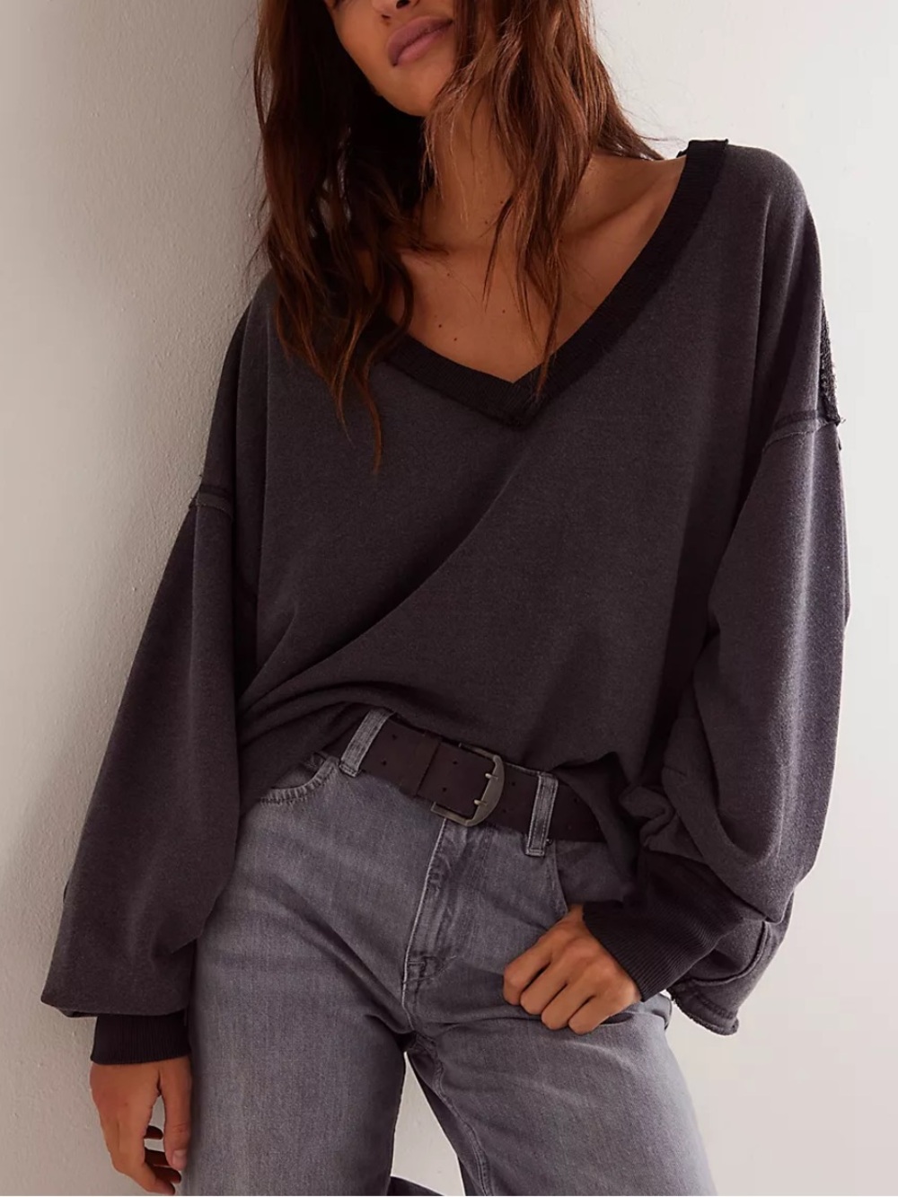 NWOT Free People We The Free Venice V-Neck Sweatshirt ! Size XS Black